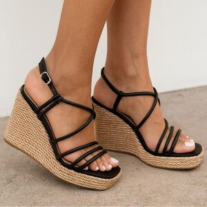 Marc Fisher Black & Tan Strappy Wedge Sandals, Size 8